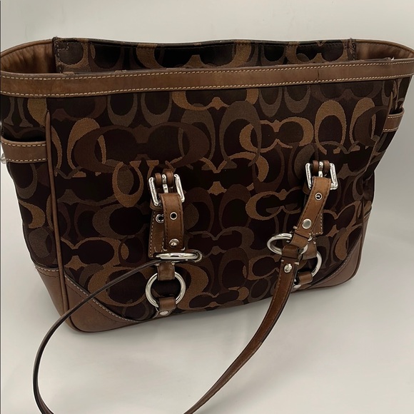 Coach Handbags - Coach Brown Monogram Tote with Leather Trim